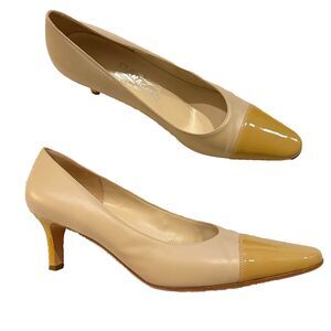 Salvatore Ferragamo Womens Vtg Cap Toe Leather Pumps Sz 8 Beige Tan Office Siren